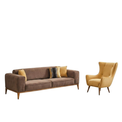 Sofa set Bankstel 4-zits Fauteuil Geel Stof Bruin Modern Vierzitter