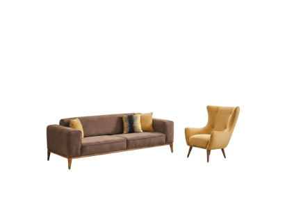 Sofa set Bankstel 4-zits Fauteuil Geel Stof Bruin Modern Vierzitter