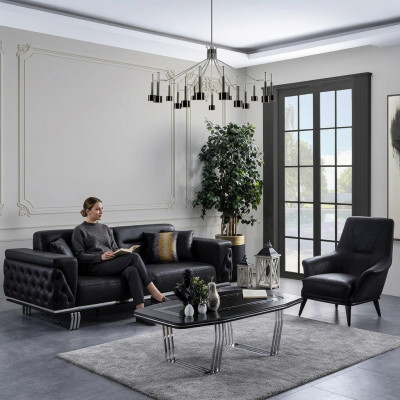 Sofaset Complete Sofa 41 Seat Chair Faux Leather Black Set 2 pieces