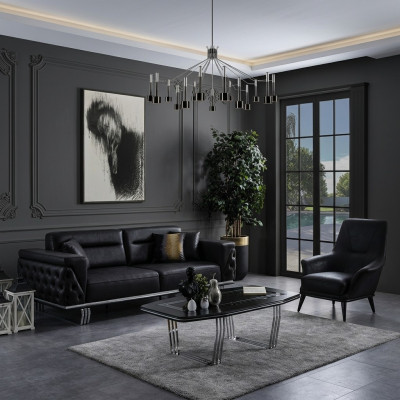 Sofaset Complete Sofa 41 Seat Chair Faux Leather Black Set 2 pieces