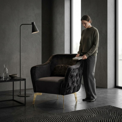 Fauteuil Chesterfield oorfauteuil stof woonkamer polyester zwart