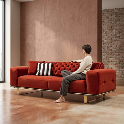Driepersoons Chesterfield bankstel 3-zitsbank Rood Stof Woonkamer Luxe