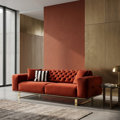 Driepersoons Chesterfield bankstel 3-zitsbank Rood Stof Woonkamer Luxe