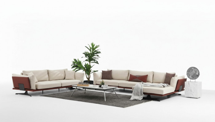 Bankstel Hoekbank L-vorm 3-zits Beige Modern Stoffen Bankstel Set Hoek