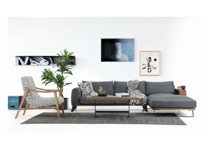 Woonkamer hoekbank L-vorm bankstel stof grijs modern design.