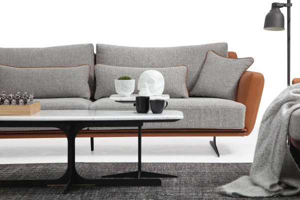 Bankstel 3-zits woonkamerbank oranje stof fauteuil driezits