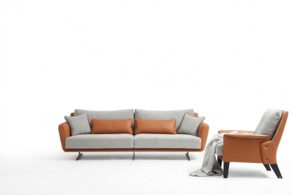 Bankstel 3-zits woonkamerbank oranje stof fauteuil driezits