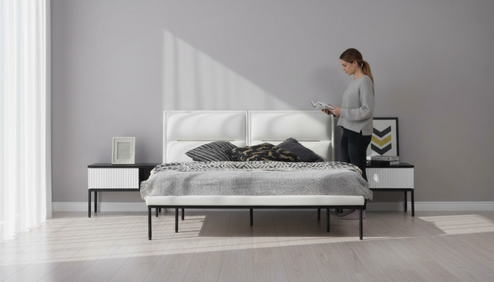 Bed bedframe tweepersoonsbed hout modern wit slaapkamer dubbel ontwerp
