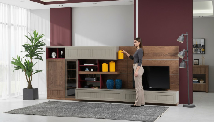 Woonwand TV-standaard RTV laag display vitrine hout modern bruin woonkamer.