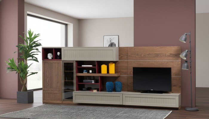 Woonwand TV-standaard RTV laag display vitrine hout modern bruin woonkamer.