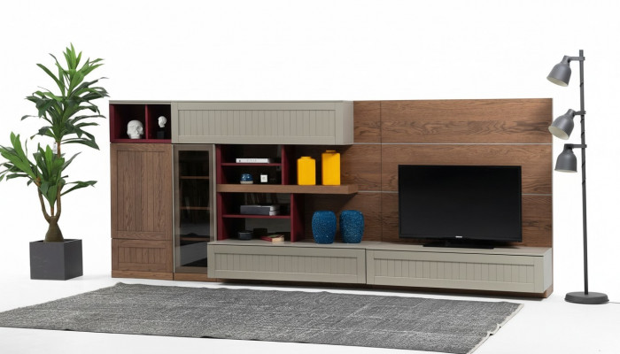 Woonwand TV-standaard RTV laag display vitrine hout modern bruin woonkamer.