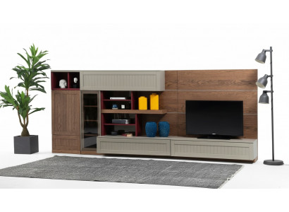 Woonwand TV-standaard RTV laag display vitrine hout modern bruin woonkamer.