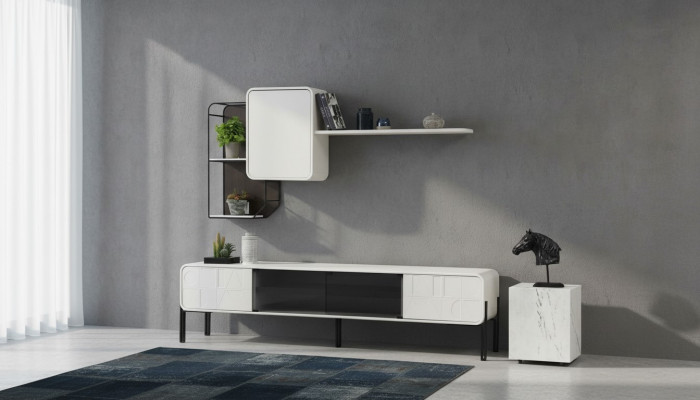Woonkamerwand RTV laag dressoir planken kast TV-standaard set hout modern wit