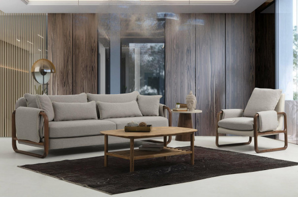 Bankstel 21-zits fauteuil tweezitter modern stof grijs set design