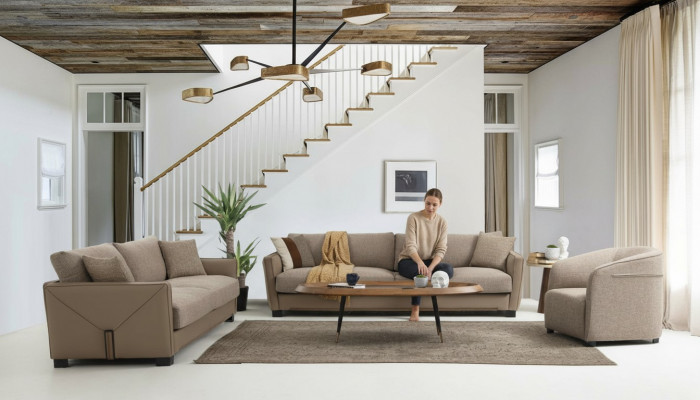 Modern bankstel set 3-zits fauteuil driezitter modern stof beige set van 3 delen