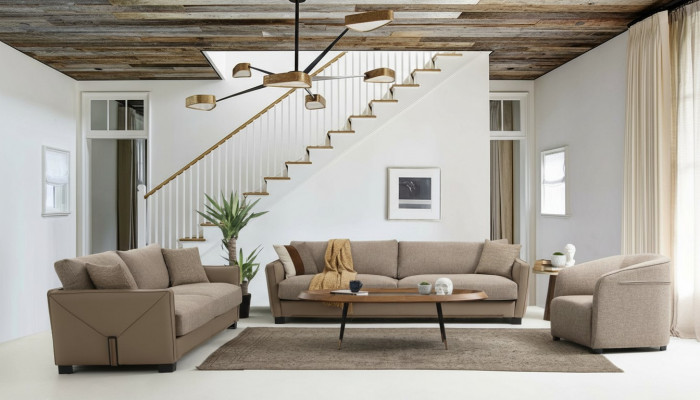 Modern bankstel set 3-zits fauteuil driezitter modern stof beige set van 3 delen