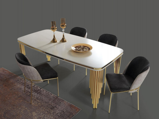 Luxe eetkamerset eetgroep eettafel stoelen set van 6 delig goud wit