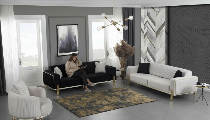 Luxe bankstel voor drie personen Moderne fauteuil Stoffen meubelset 3-delig Zwart 3 + 3 + 1