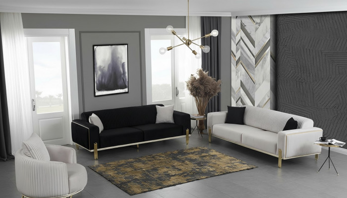 Luxe bankstel voor drie personen Moderne fauteuil Stoffen meubelset 3-delig Zwart 3 + 3 + 1