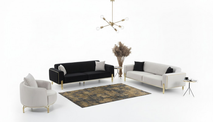 Luxe bankstel voor drie personen Moderne fauteuil Stoffen meubelset 3-delig Zwart 3 + 3 + 1