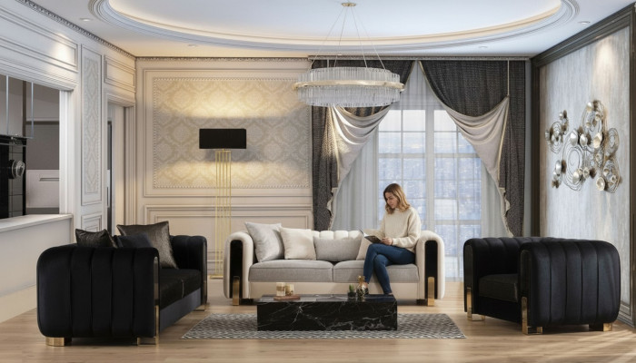Moderne bankstel 2x driezitter + fauteuil stoffering roestvrijstalen meubels 3-delig