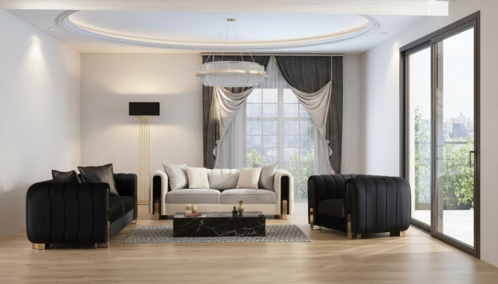 Moderne bankstel 2x driezitter + fauteuil stoffering roestvrijstalen meubels 3-delig