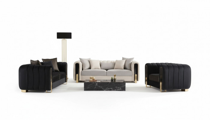 Moderne bankstel 2x driezitter + fauteuil stoffering roestvrijstalen meubels 3-delig