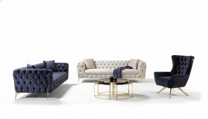 Chesterfield bankstel Driepersoons fauteuil Blauw Luxe Set 3dlg 3+3+1 Chesterfield bankstel Driezits fauteuil Blauw Luxe Set 3dlg 3+3+1