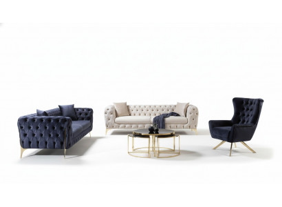 Chesterfield bankstel Driepersoons fauteuil Blauw Luxe Set 3dlg 3+3+1 Chesterfield bankstel Driezits fauteuil Blauw Luxe Set 3dlg 3+3+1