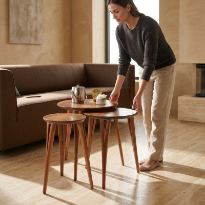 Houten tafels Bijzettafels Set Bijzettafel Tafel Salontafel Plantenstandaard 3-delig.