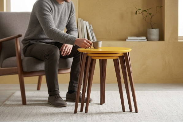 Houten tafels bijzettafels bloemenstandaard set bijzettafel tafel salontafel 3-delig.