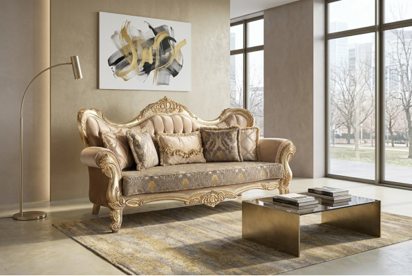 Chesterfield Barok Driepersoons Bank Meubel Bankstel Stof Goud Banken