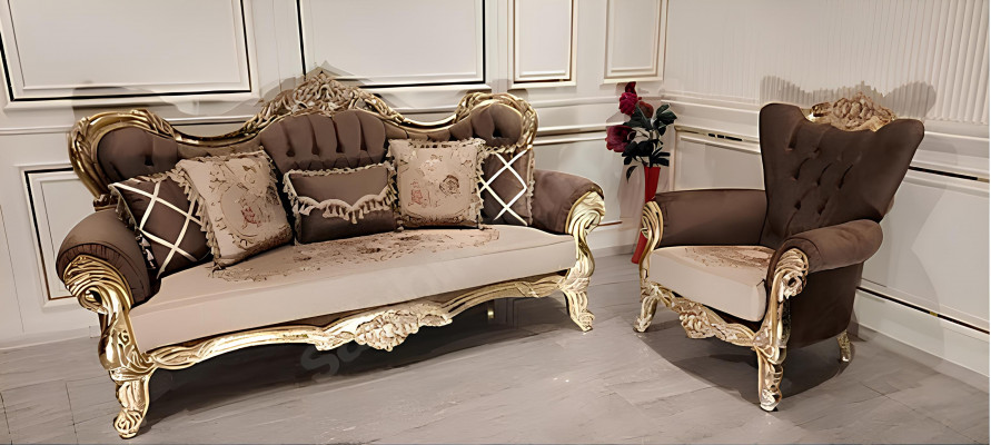 Chesterfield Barok driezitsbank bank banken stof gouden meubels