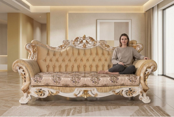 Chesterfield Barok Driezitsbank Meubel Bank Banken Stof Beige