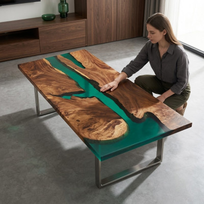 epoxyhars eettafel echt hout massief meubilair waterval epoxytafel 191x91cm