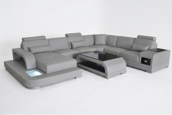 Hoekbank met USB-bekledingbank grijs lederen garnituur moderne woonlandschap
