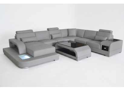 Hoekbank met USB-bekledingbank grijs lederen garnituur moderne woonlandschap