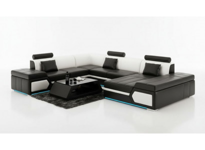 Leren bank Bank Bank Woonlandschap Hoekbank Set Ontwerp Modern Zwart +USB