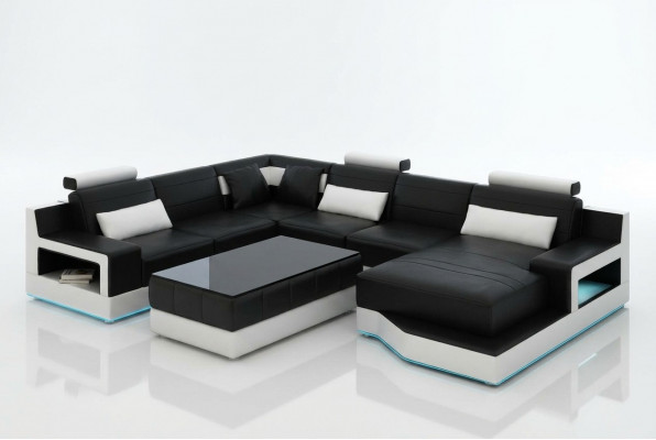 Ontwerp Leren Hoekbank Moderne Bankstel met Chaise Longue Hoek Zwart USB Nieuw