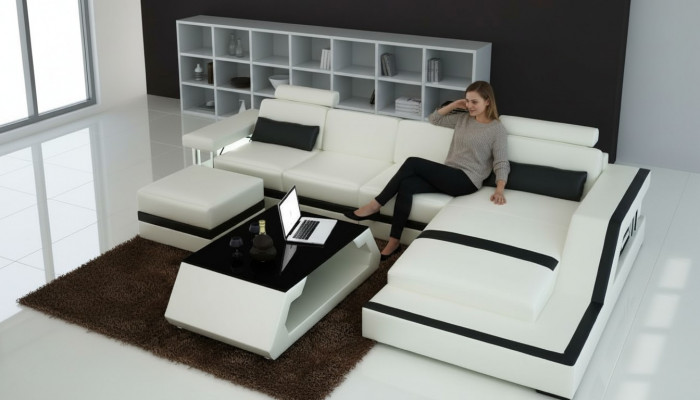 Ontwerper woonlandschap Big moderne lederen bank met USB HAMBURG III hoekbank sofa