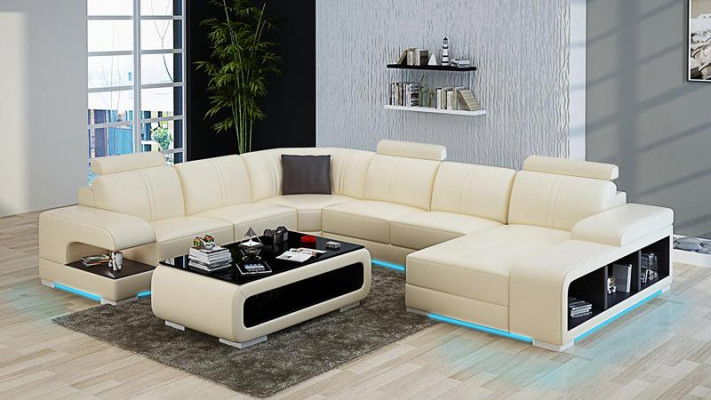 Woonkamer bank bankstel lederen bekleding hoekbank U-vorm woonlandschap + USB