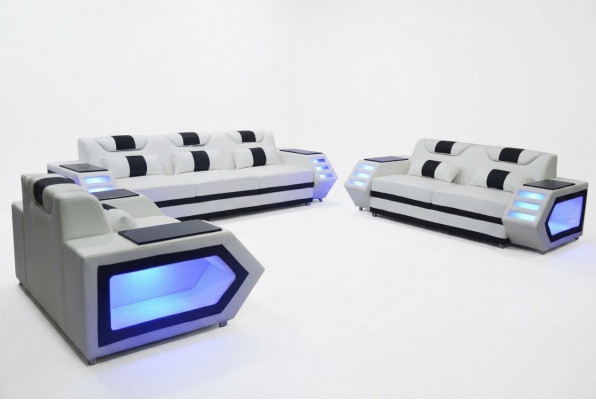 Bank Bank Zitkussen Volledige Groep Set Lederen Bekleding 3+2+1 + LED + USB Nieuw