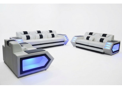 Bank Bank Zitkussen Volledige Groep Set Lederen Bekleding 3+2+1 + LED + USB Nieuw
