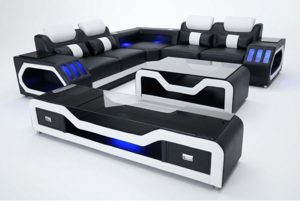 Lederen bankstel woonlandschap hoekbank ontwerp moderne bank met USB + salontafel