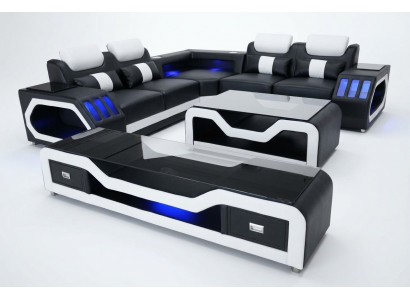 Lederen bankstel woonlandschap hoekbank ontwerp moderne bank met USB + salontafel