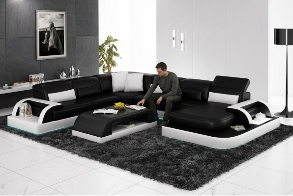Bank Hoekbank Ontwerp Woonlandschap Zwart Bekleding Zitcombinatie Leren bank USB