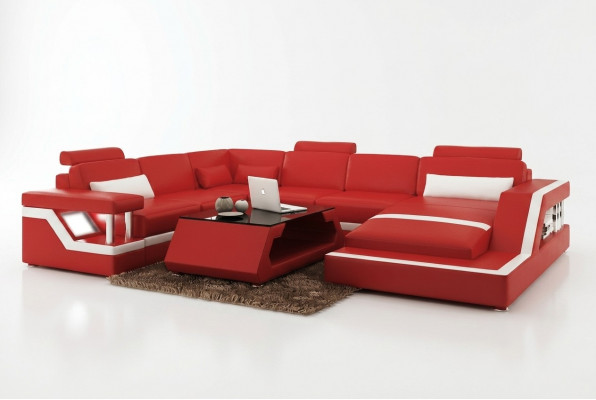 Ontwerp Leren Woonlandschap Hoekbank Moderne Set Bank Hoek Rood USB + LED