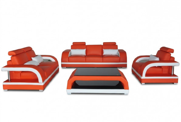 Bank Bank Leder Bekleding Zitbank Set 3+2+1 USB + Tafel Set Design Bank