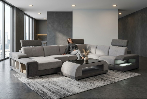 Bankstel Moderne bank Leren hoekbank Bank Stoffering Woonlandschap USB + Tafel
