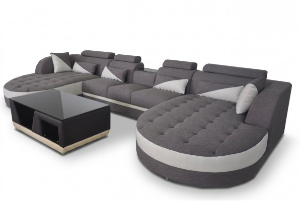 Moderne textiele bank + USB-aansluiting + salontafel woonlandschap U-vormige hoek